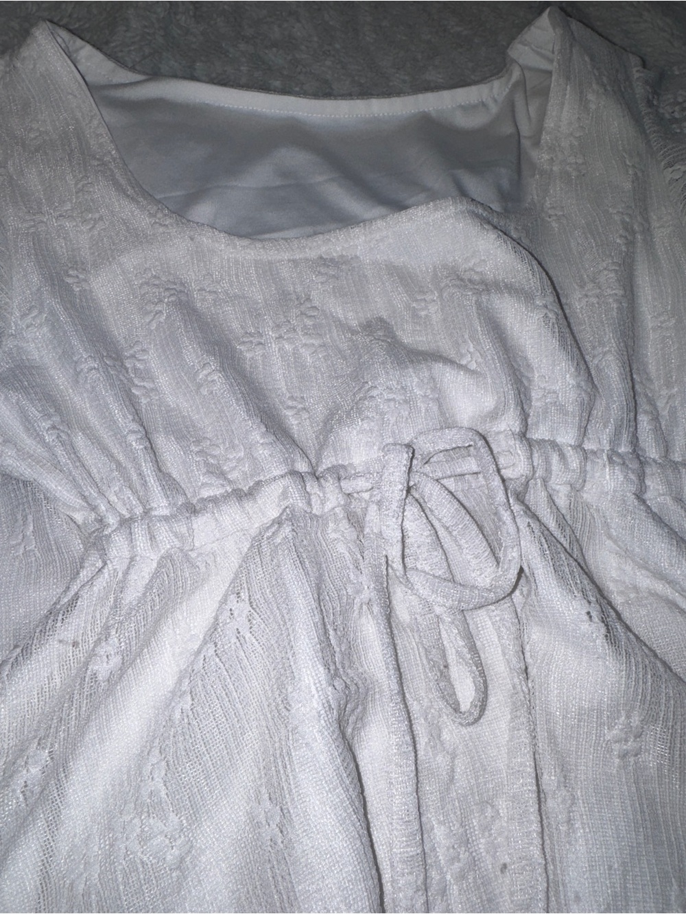 White Floral Textured Drawstring Flutter-Sleeve Top - Picture 3 of 3